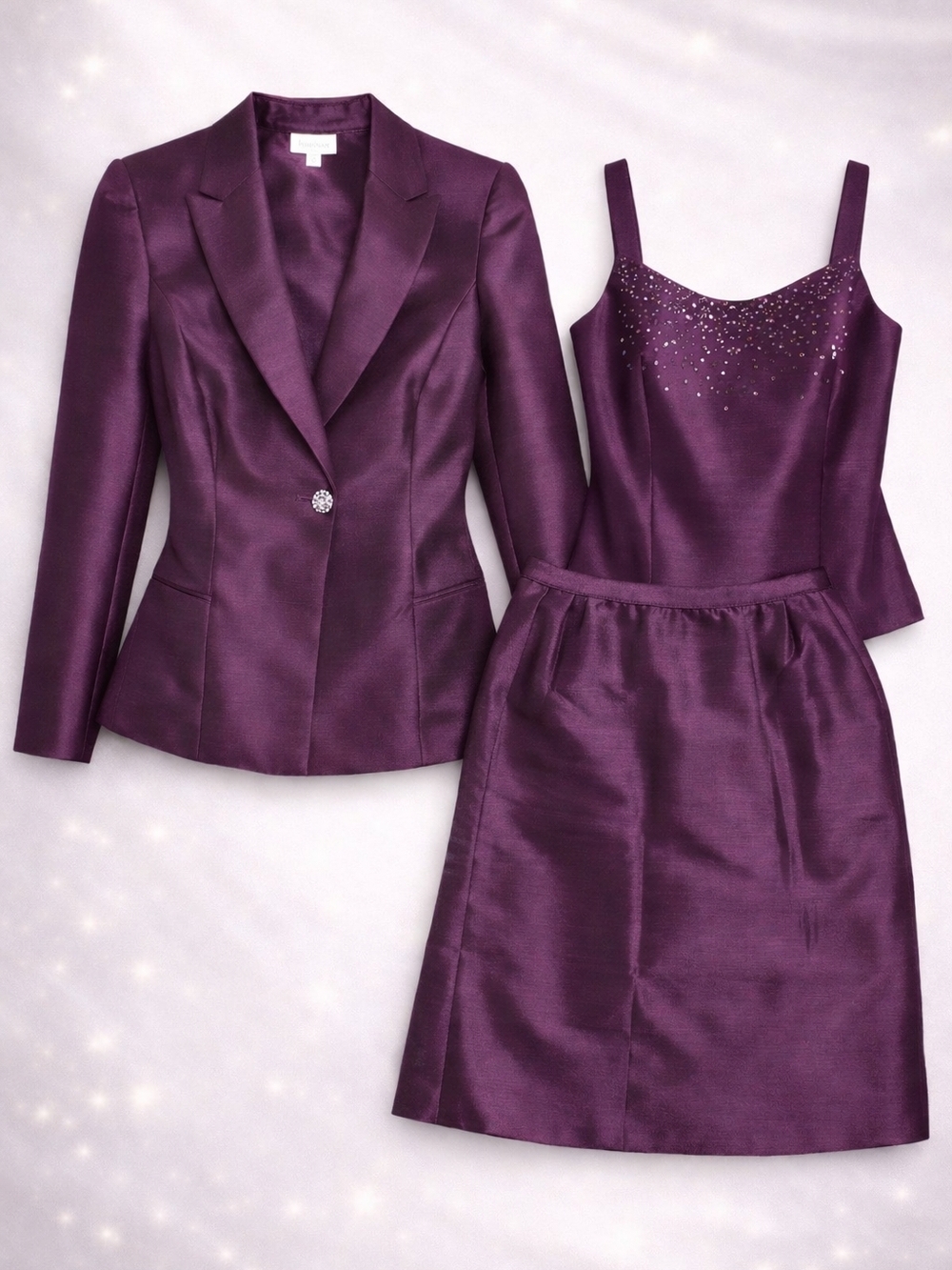 Lord & Taylor Purple 3-Piece Satin Skirt Suit with Embellished Tank